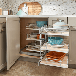 3-Tier Universal Blind Corner Optimizer with Soft-Closing for 15" Cabinet Opening, Chrome/Maple - Alt Image 1