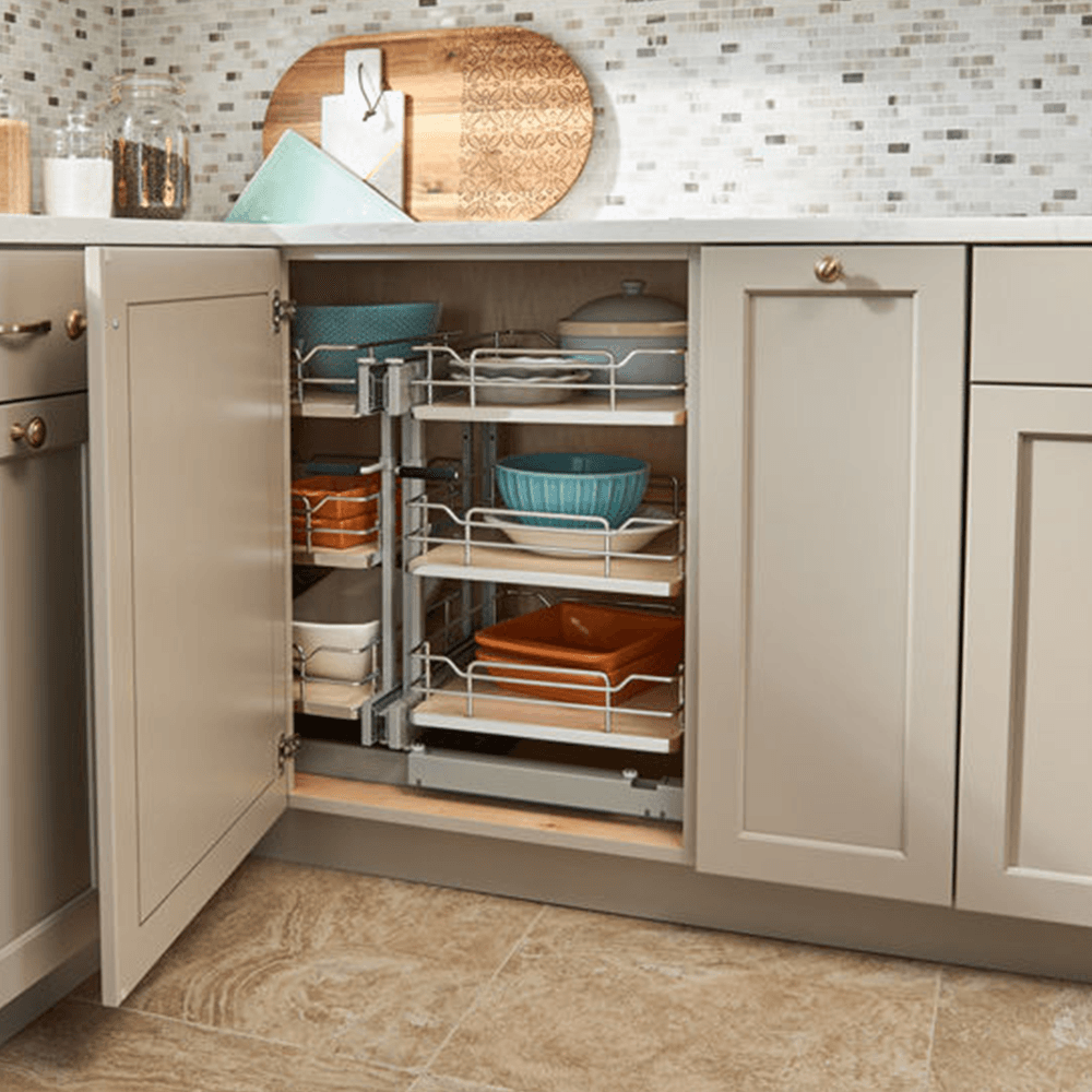 3-Tier Universal Blind Corner Optimizer with Soft-Closing for 15" Cabinet Opening, Chrome/Maple - Alt Image 2