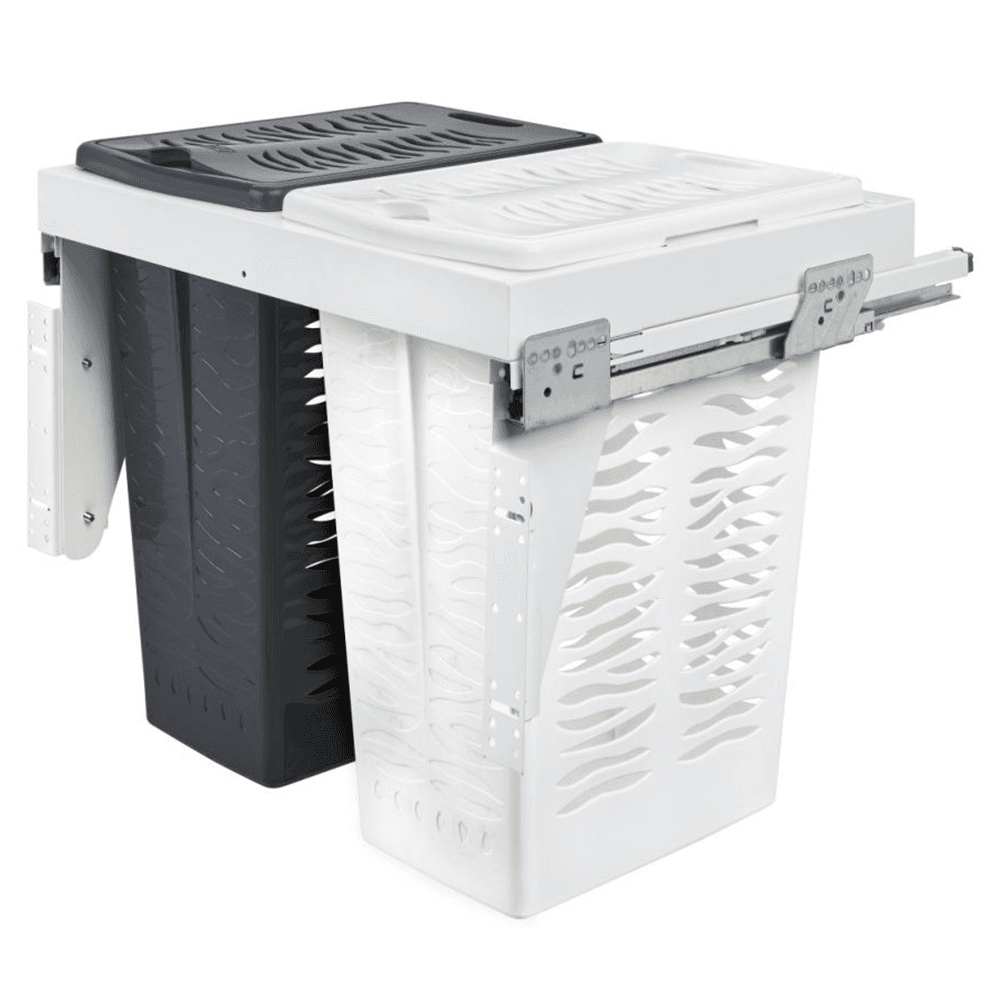 Rev-A-Shelf 53TMVH metal frame hamper with soft-close slides and dual .85 BU containers in white finish