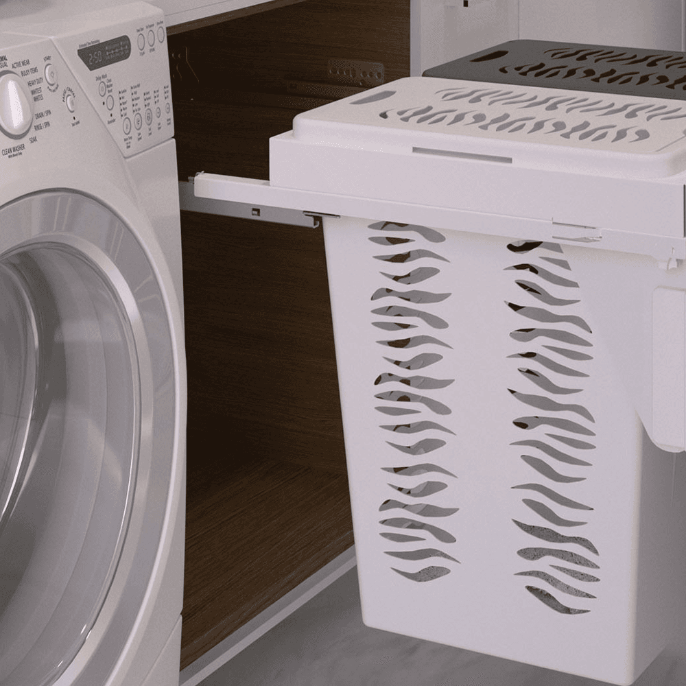 Rev-A-Shelf hamper designed for full access 24" vanity base cabinets with pre-assembled door mount brackets and matching lids
