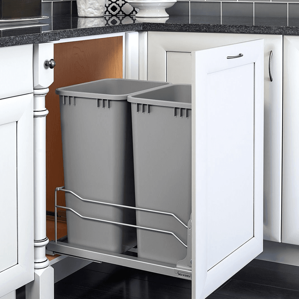 Double 27 QT Bottom-Mount Pull Out Waste Container, Soft-Closing for 18" Cabinet Opening, Orion Gray - Alt Image 1