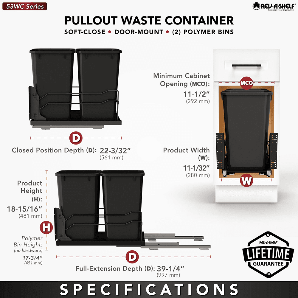 53WC Double 27 QT Steel Bottom Mount Pullout Waste Container with Soft-Close, Black Alt 7 - Image