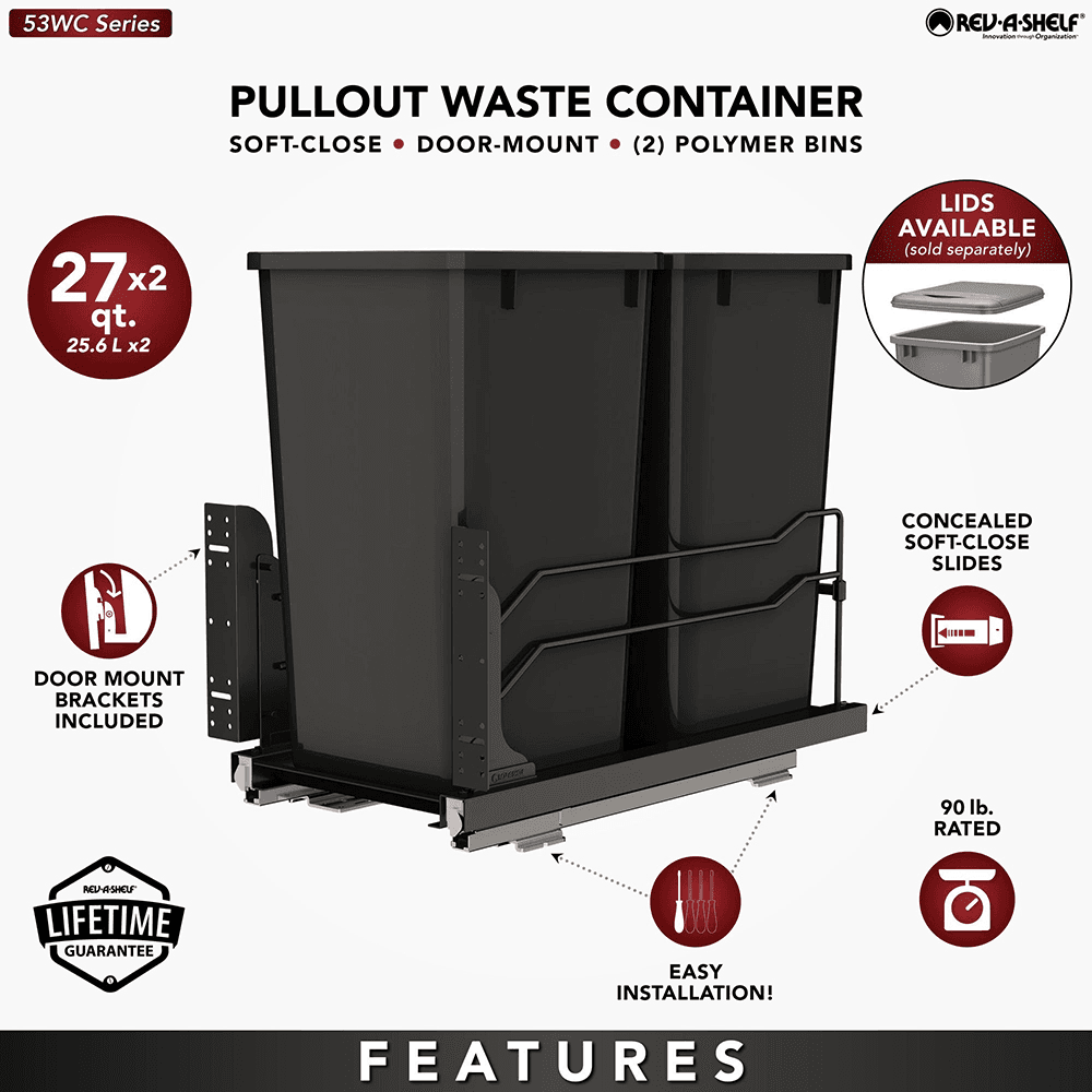 53WC Double 27 QT Steel Bottom Mount Pullout Waste Container with Soft-Close, Black Alt 9 - Image