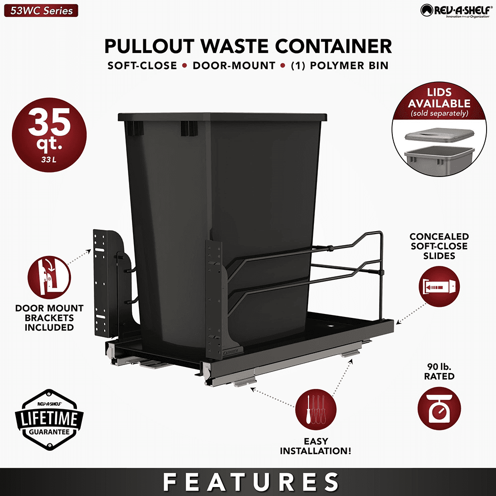 53WC Single 35 QT Steel Bottom Mount Pullout Waste Container with Soft-Close, Black Alt 10 - Image