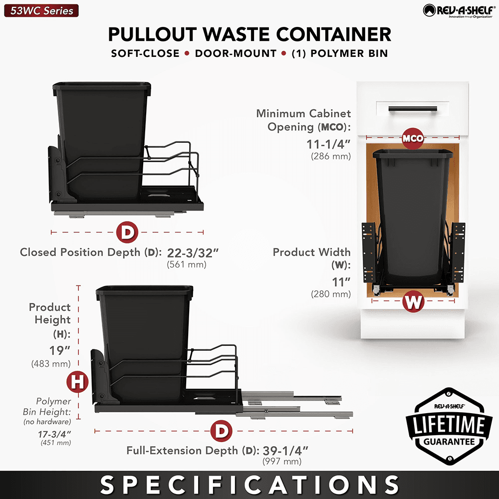 53WC Single 35 QT Steel Bottom Mount Pullout Waste Container with Soft-Close, Black Alt 7 - Image