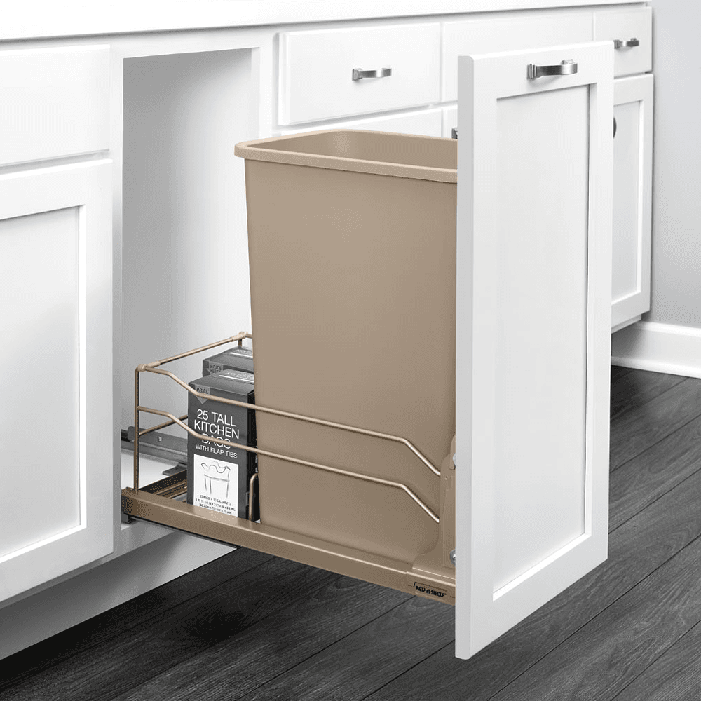 Single 50 QT Under-Mount Waste Container Pullout, Soft-Closing, Champagne - Alt Image 1