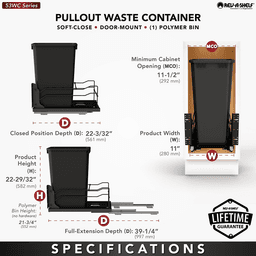 53WC Single 50 QT Steel Bottom Mount Pullout Waste Container with Soft-Close, Black Alt 6 - Image