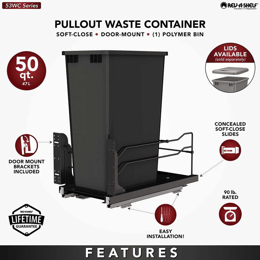 53WC Single 50 QT Steel Bottom Mount Pullout Waste Container with Soft-Close, Black Alt 7 - Image