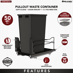 53WC Single 50 QT Steel Bottom Mount Pullout Waste Container with Soft-Close, Black Alt 7 - Image