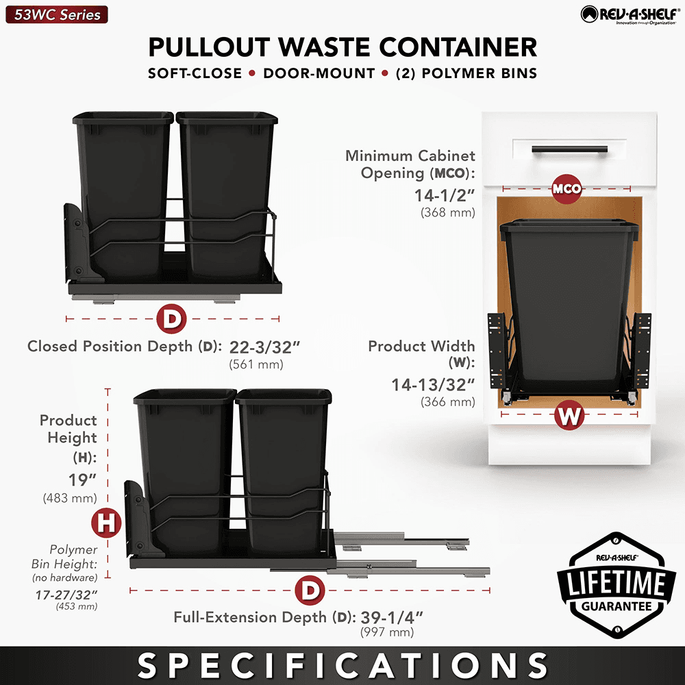 53WC Double 35 QT Steel Bottom Mount Pullout Waste Container, Soft-Close for 18" Cabinet Opening, Black Alt 7 - Image