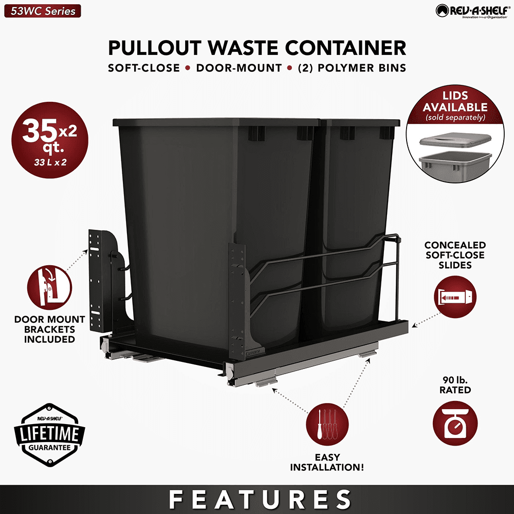 53WC Double 35 QT Steel Bottom Mount Pullout Waste Container, Soft-Close for 18" Cabinet Opening, Black Alt 8 - Image