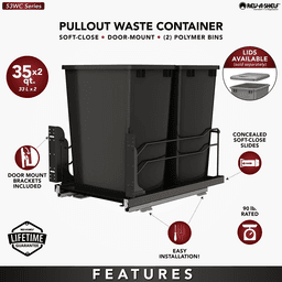 53WC Double 35 QT Steel Bottom Mount Pullout Waste Container, Soft-Close for 18" Cabinet Opening, Black Alt 8 - Image