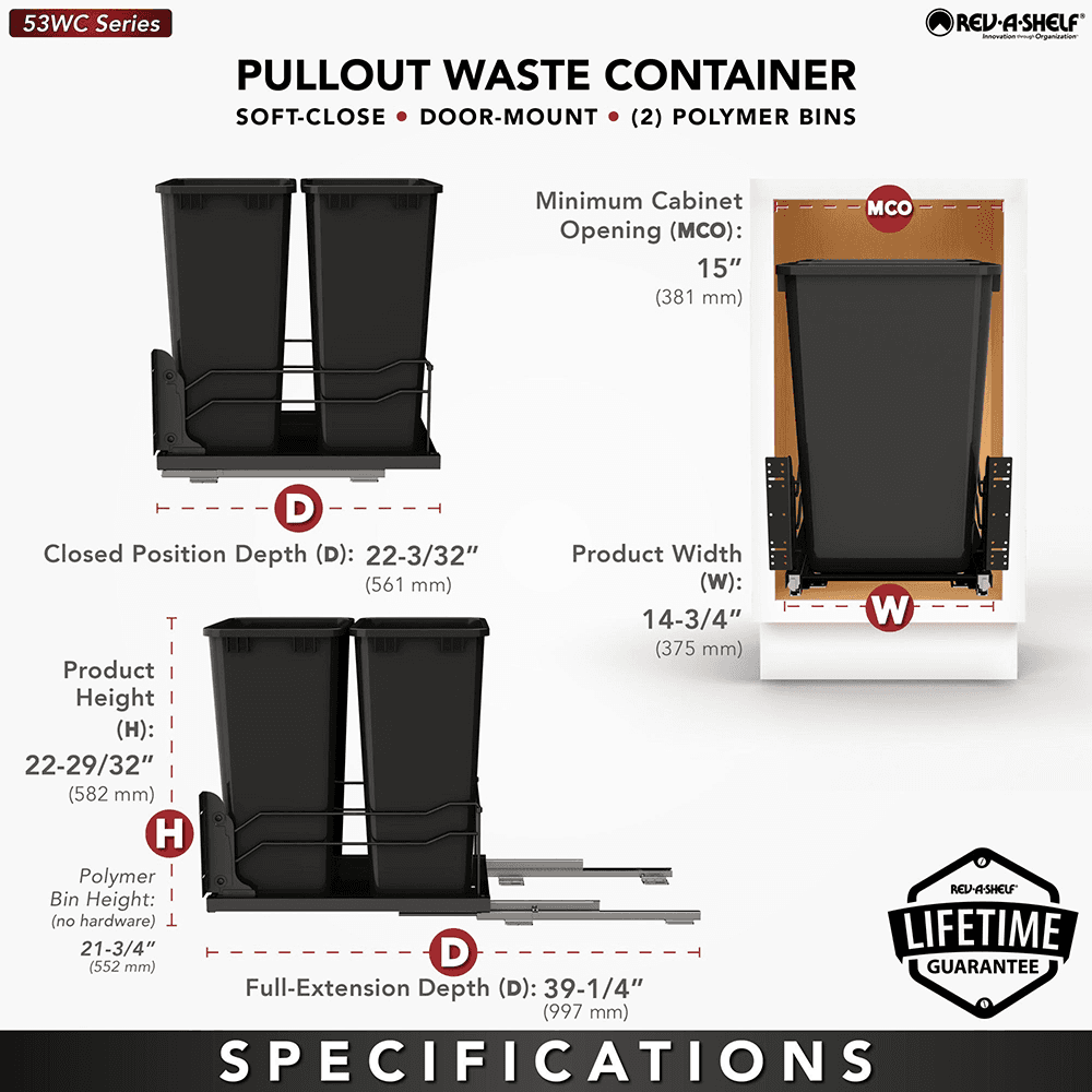 53WC Double 50 QT Steel Bottom Mount Pullout Waste Container with Soft-Close, Black Alt 7 - Image