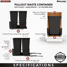 53WC Double 50 QT Steel Bottom Mount Pullout Waste Container with Soft-Close, Black Alt 7 - Image