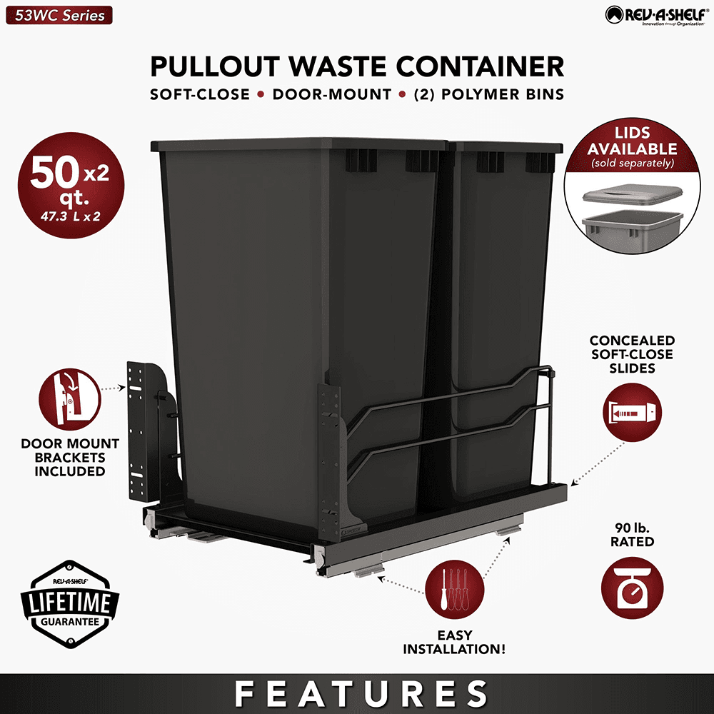 53WC Double 50 QT Steel Bottom Mount Pullout Waste Container with Soft-Close, Black Alt 9 - Image