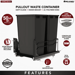 53WC Double 50 QT Steel Bottom Mount Pullout Waste Container with Soft-Close, Black Alt 9 - Image