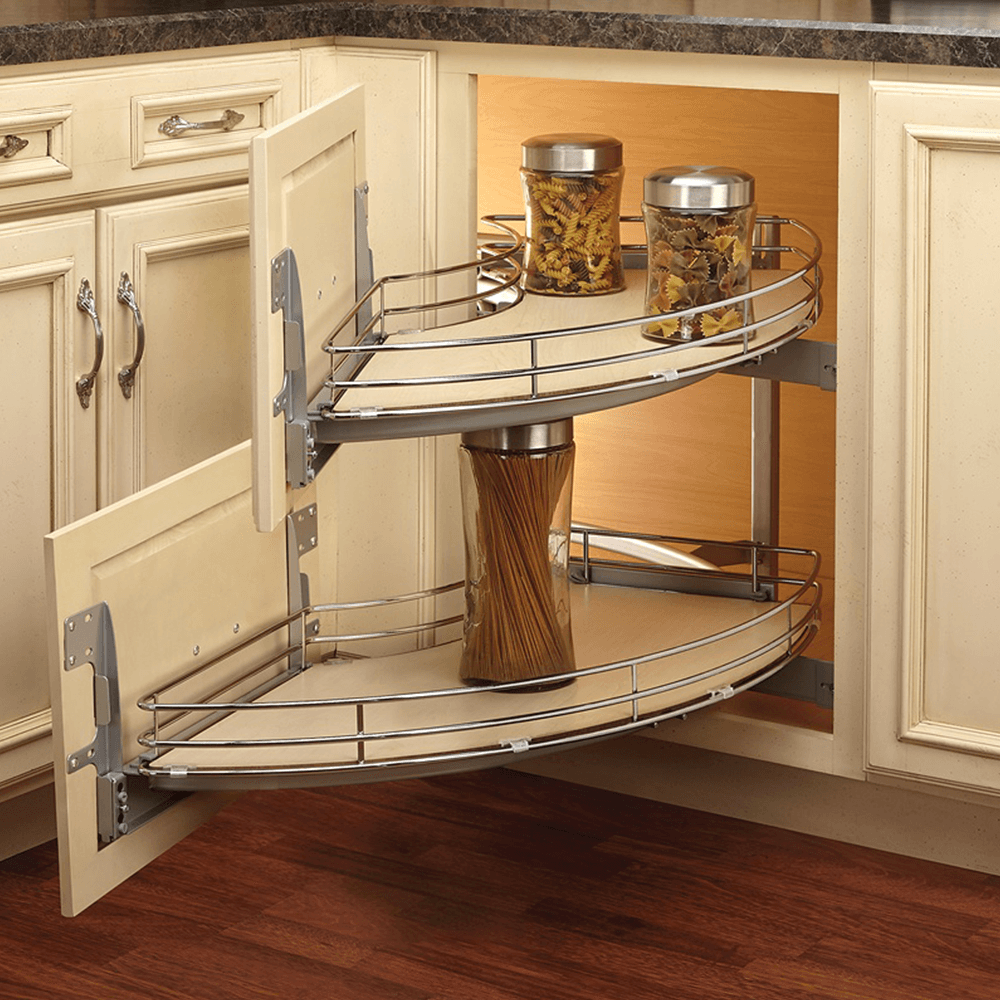 2-Tray Right-Hand Curved Blind Corner Unit for 18" Cabinet Opening, Chrome/Maple - Alt Image 1