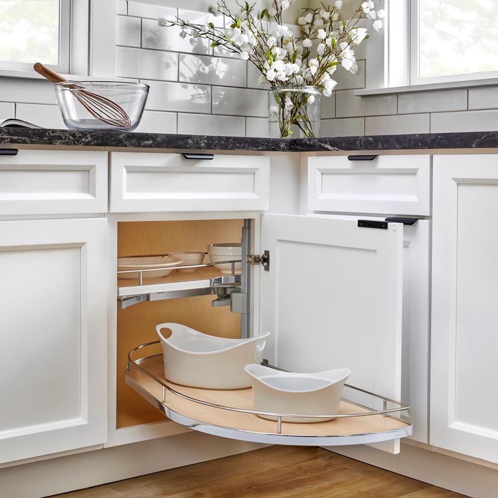 2-Tier Girasolo Left-Hand Blind Corner Pull-Out with Soft-Closing for 12" Cabinet Opening, Light Brown - Alt Image 1