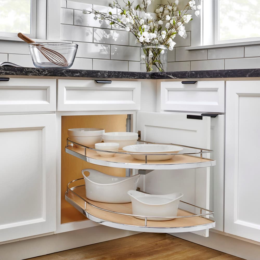 2-Tier Girasolo Left-Hand Blind Corner Pull-Out with Soft-Closing for 12" Cabinet Opening, Light Brown - Alt Image 2