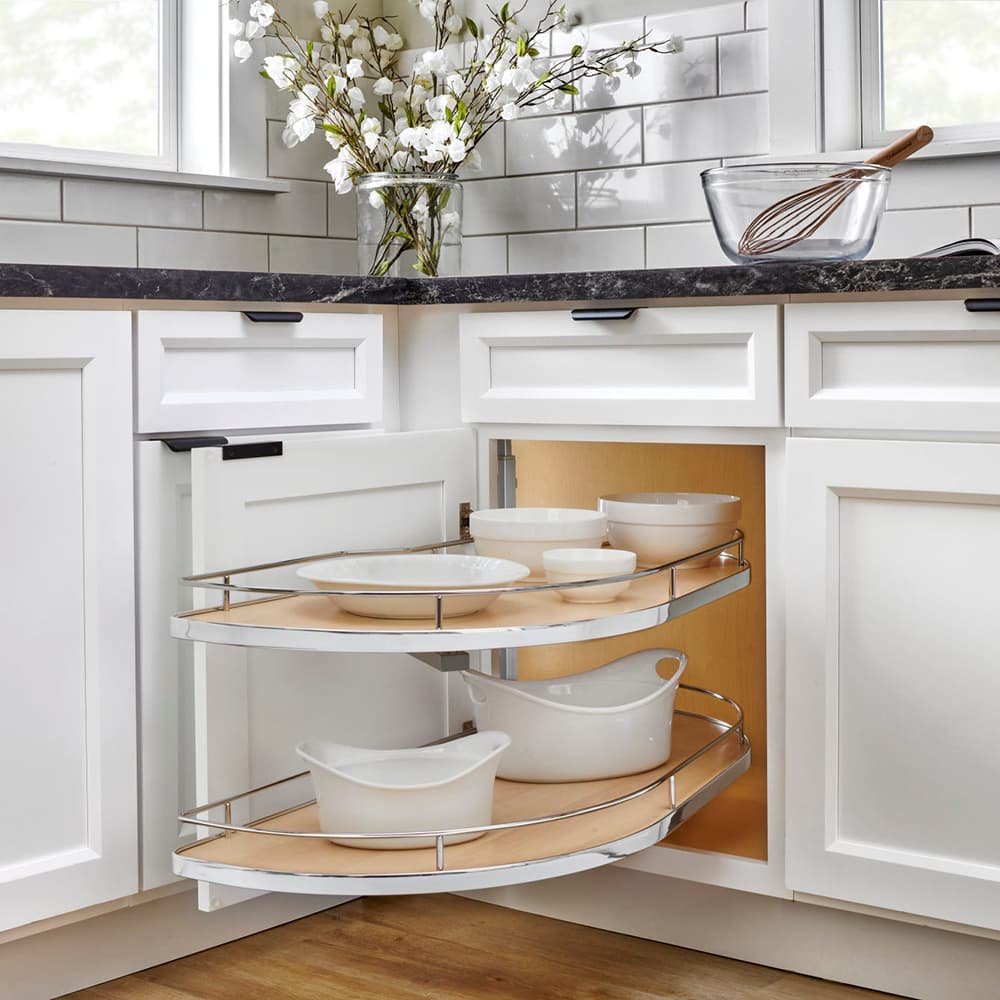 2-Tier Girasolo Right-Hand Blind Corner Pull-Out with Soft-Closing for 12" Cabinet Opening, Light Brown - Alt Image 1