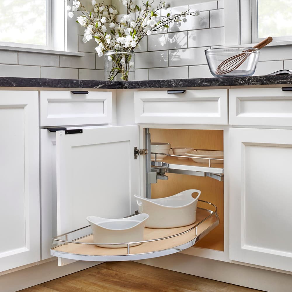 2-Tier Girasolo Right-Hand Blind Corner Pull-Out with Soft-Closing for 12" Cabinet Opening, Light Brown - Alt Image 2