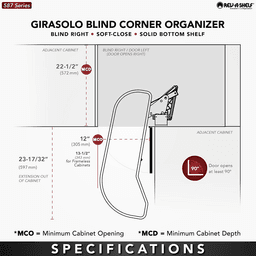 Single-Tier Girasolo Left-Hand Wood Classic Shelves Blind Corner Optimizer with Soft-Close for 12" Cabinet Opening, Light Brown Alt 1 - Image