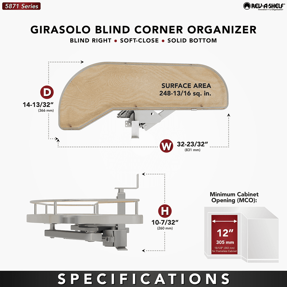 Single-Tier Girasolo Left-Hand Wood Classic Shelves Blind Corner Optimizer with Soft-Close for 12" Cabinet Opening, Light Brown Alt 2 - Image