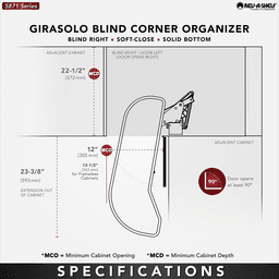 Single-Tier Girasolo Left-Hand Wood Classic Shelves Blind Corner Optimizer with Soft-Close for 12" Cabinet Opening, Light Brown Alt 3 - Image