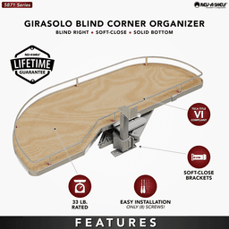 Single-Tier Girasolo Left-Hand Wood Classic Shelves Blind Corner Optimizer with Soft-Close for 12" Cabinet Opening, Light Brown Alt 4 - Image