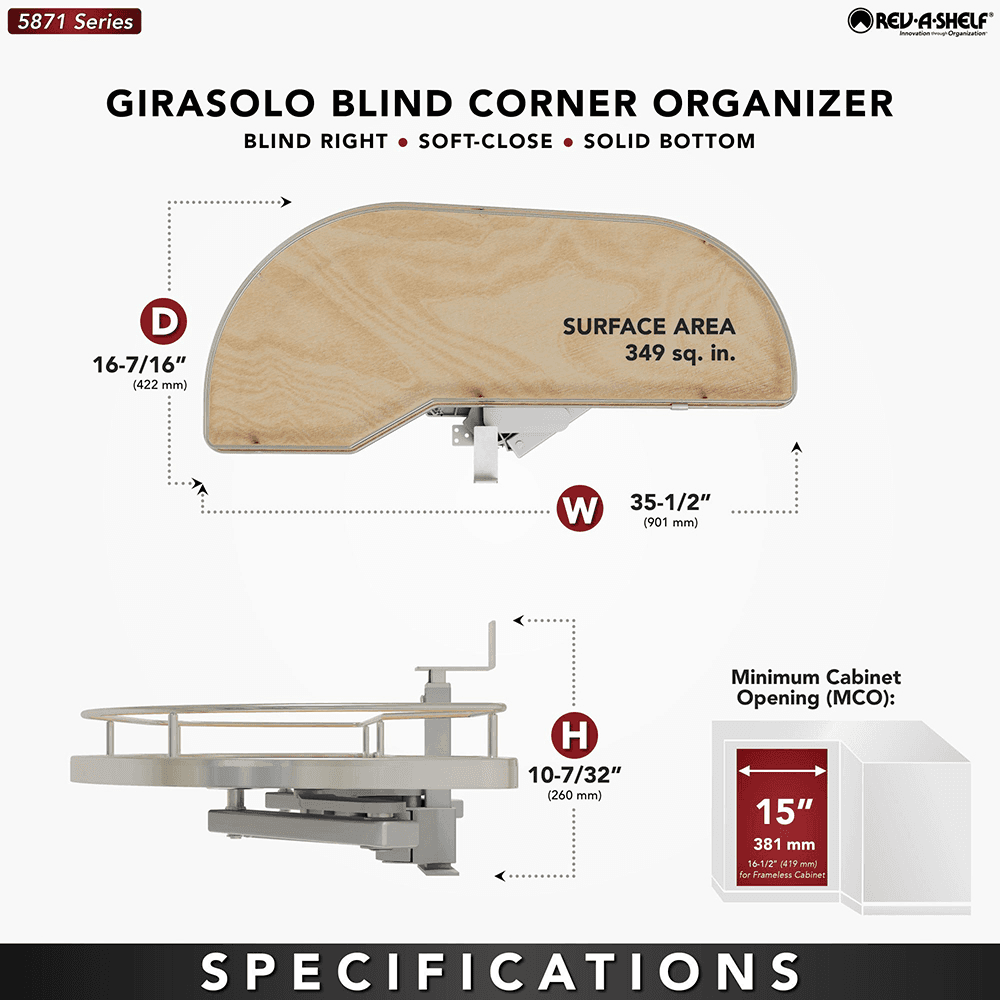 Single-Tier Girasolo Left-Hand Wood Classic Shelves Blind Corner Optimizer with Soft-Close for 15" Cabinet Opening, Light Brown Alt 2 - Image