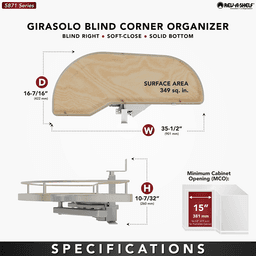 Single-Tier Girasolo Left-Hand Wood Classic Shelves Blind Corner Optimizer with Soft-Close for 15" Cabinet Opening, Light Brown Alt 2 - Image