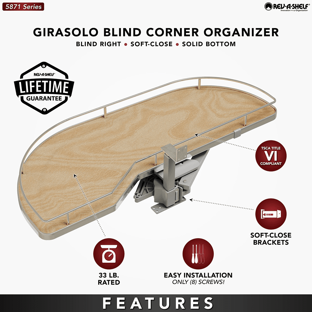 Single-Tier Girasolo Left-Hand Wood Classic Shelves Blind Corner Optimizer with Soft-Close for 15" Cabinet Opening, Light Brown Alt 4 - Image