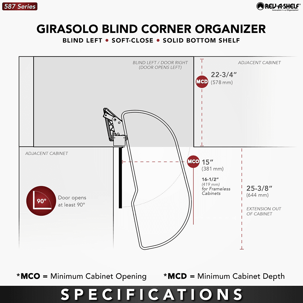Single-Tier Girasolo Right-Hand Wood Classic Shelves Blind Corner Optimizer with Soft-Close for 15" Cabinet Opening, Light Brown Alt 1 - Image