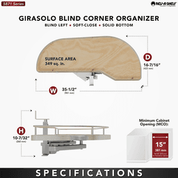 Single-Tier Girasolo Right-Hand Wood Classic Shelves Blind Corner Optimizer with Soft-Close for 15" Cabinet Opening, Light Brown Alt 2 - Image