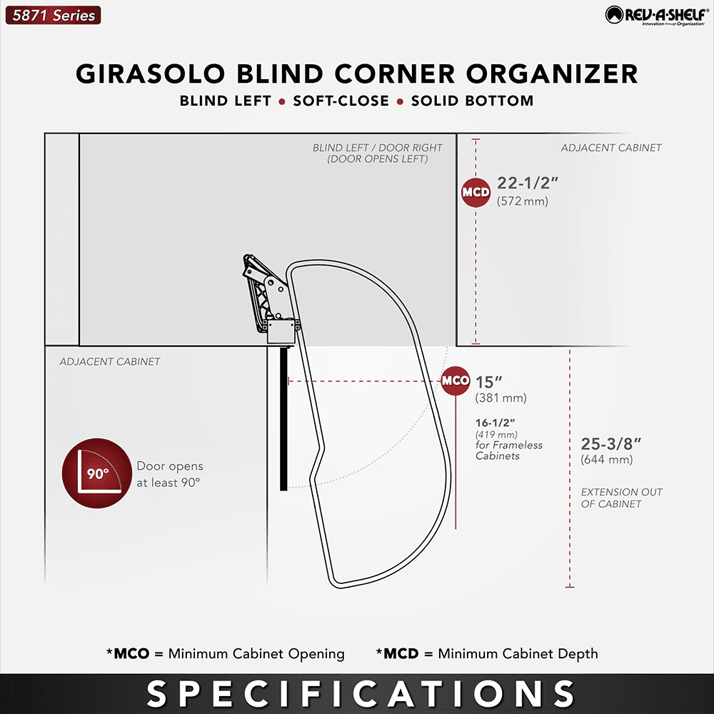 Single-Tier Girasolo Right-Hand Wood Classic Shelves Blind Corner Optimizer with Soft-Close for 15" Cabinet Opening, Light Brown Alt 3 - Image