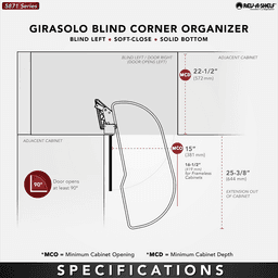 Single-Tier Girasolo Right-Hand Wood Classic Shelves Blind Corner Optimizer with Soft-Close for 15" Cabinet Opening, Light Brown Alt 3 - Image