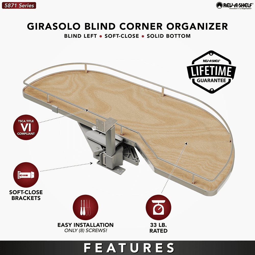 Single-Tier Girasolo Right-Hand Wood Classic Shelves Blind Corner Optimizer with Soft-Close for 15" Cabinet Opening, Light Brown Alt 4 - Image