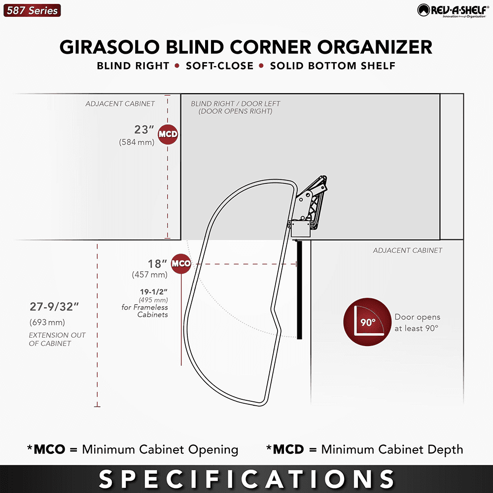 Single-Tier Girasolo Left-Hand Wood Classic Shelves Blind Corner Optimizer with Soft-Close for 18" Cabinet Opening, Light Brown Alt 1 - Image