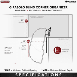 Single-Tier Girasolo Left-Hand Wood Classic Shelves Blind Corner Optimizer with Soft-Close for 18" Cabinet Opening, Light Brown Alt 1 - Image