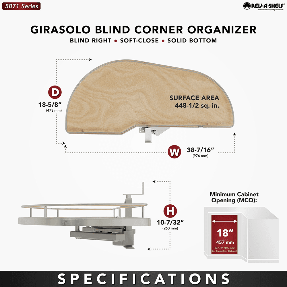 Single-Tier Girasolo Left-Hand Wood Classic Shelves Blind Corner Optimizer with Soft-Close for 18" Cabinet Opening, Light Brown Alt 2 - Image