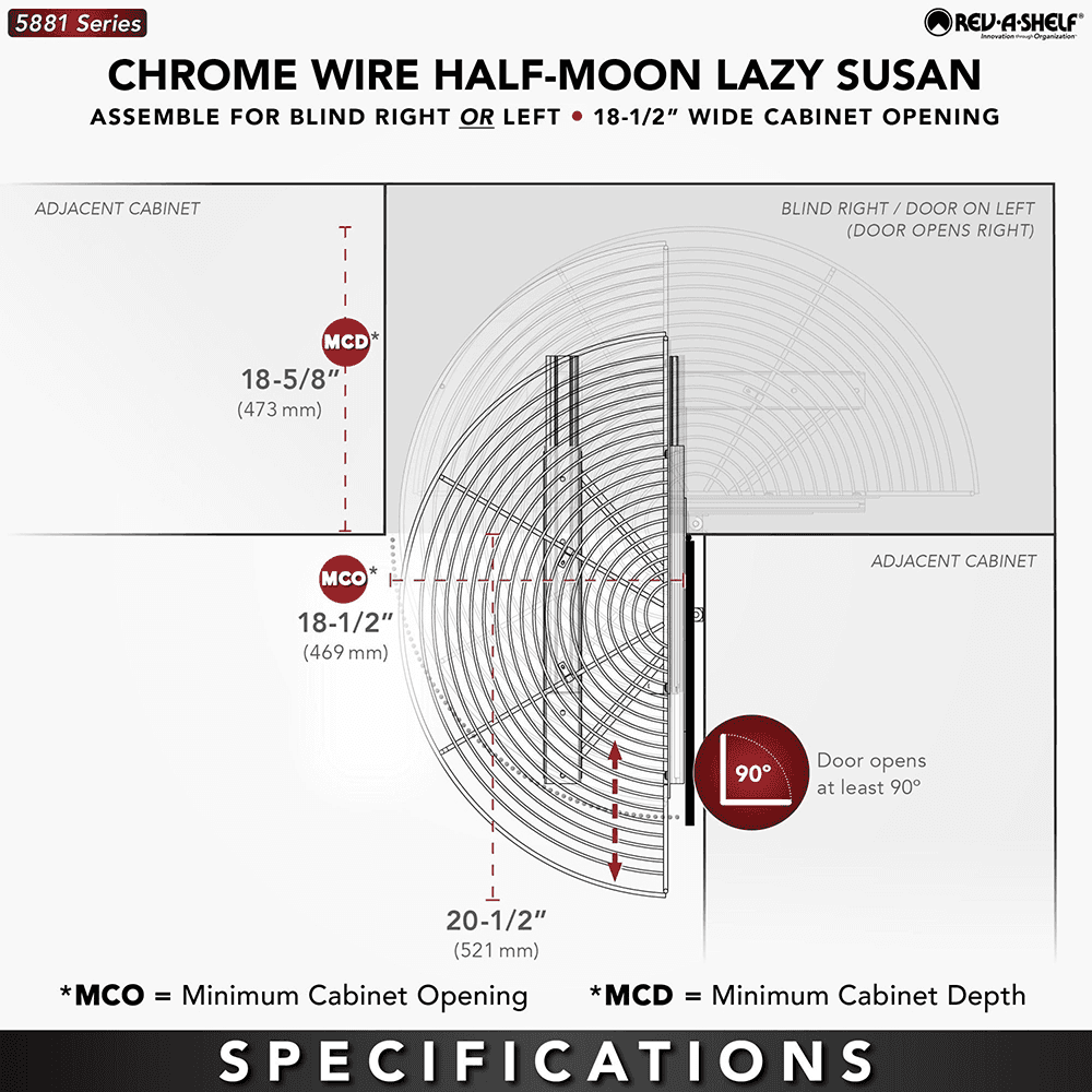 5-1/8" Chrome Wire Half Moon Organizer Blind Corner Cabinets, Silver Alt 1 - Image