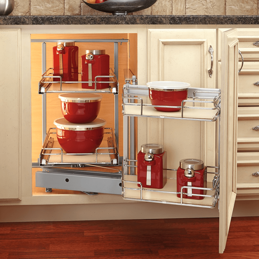 Right-Hand Blind Corner Cabinet Organizer for 17-3/4" Cabinet Opening, Chrome/Maple - Alt Image 1