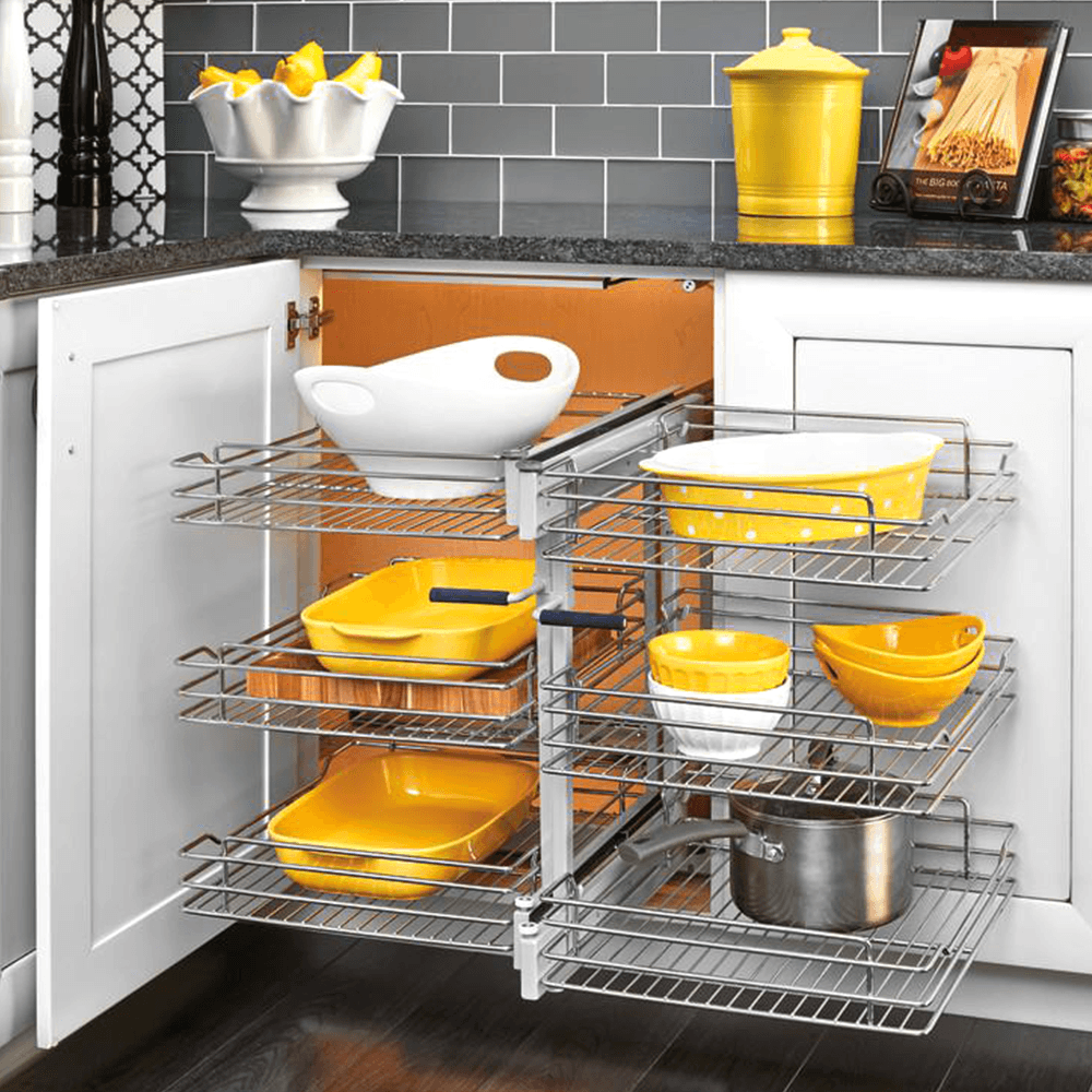 3-Tier Universal Blind Corner Optimizer with Soft-Closing for 18" Cabinet Opening, Chrome/Metallic Silver - Alt Image 2