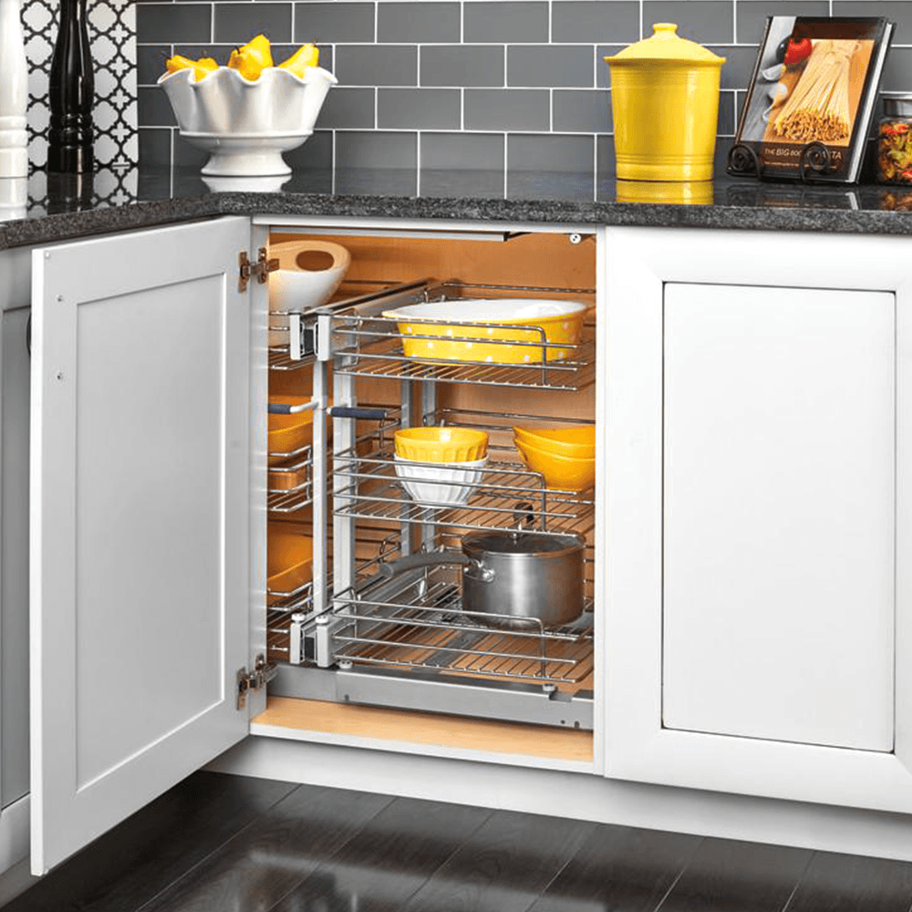 3-Tier Universal Blind Corner Optimizer with Soft-Closing for 18" Cabinet Opening, Chrome/Metallic Silver - Alt Image 3