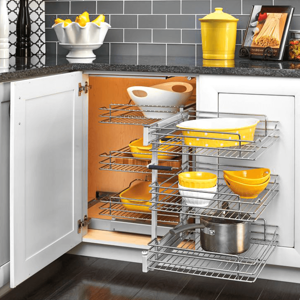 3-Tier Universal Blind Corner Optimizer with Soft-Closing for 18" Cabinet Opening, Chrome/Metallic Silver - Alt Image 4