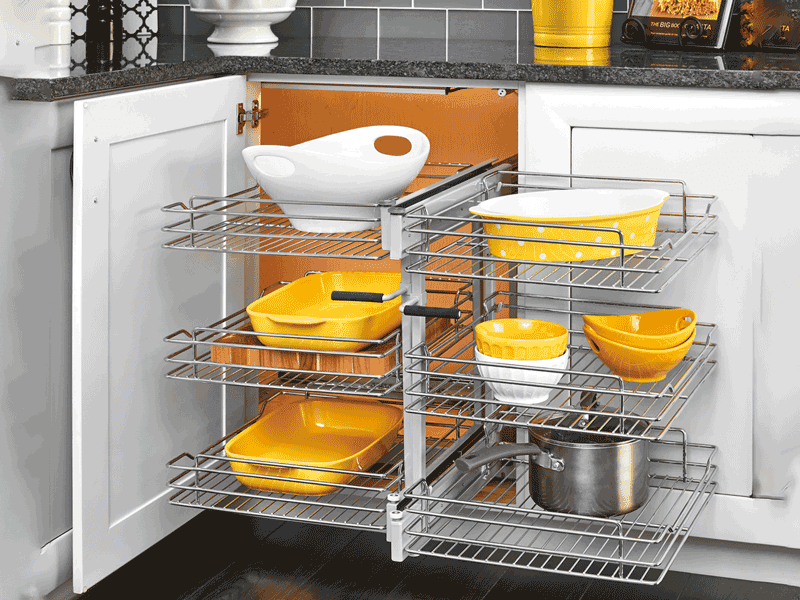 3-Tier Universal Blind Corner Optimizer with Soft-Closing for 18" Cabinet Opening, Chrome/Metallic Silver - Main Image
