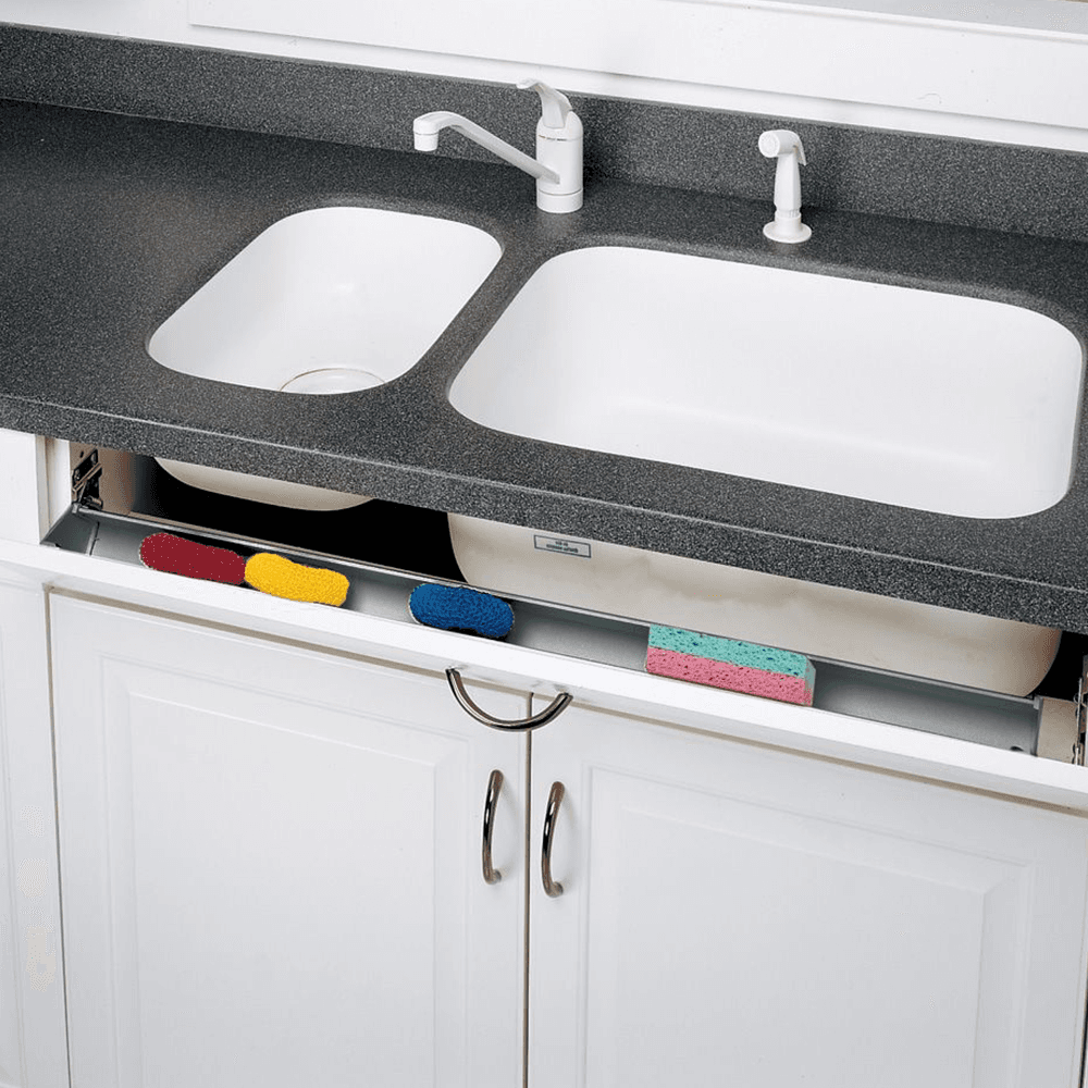 36" Slim Line White Sink Front Tip-Out Tray with Hinge & End Cap - Alt Image 1