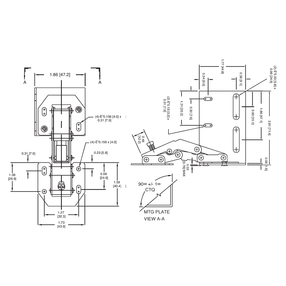 9" Chrome Euro Face Frame Hinges for Tip-Out Tray - Diagram