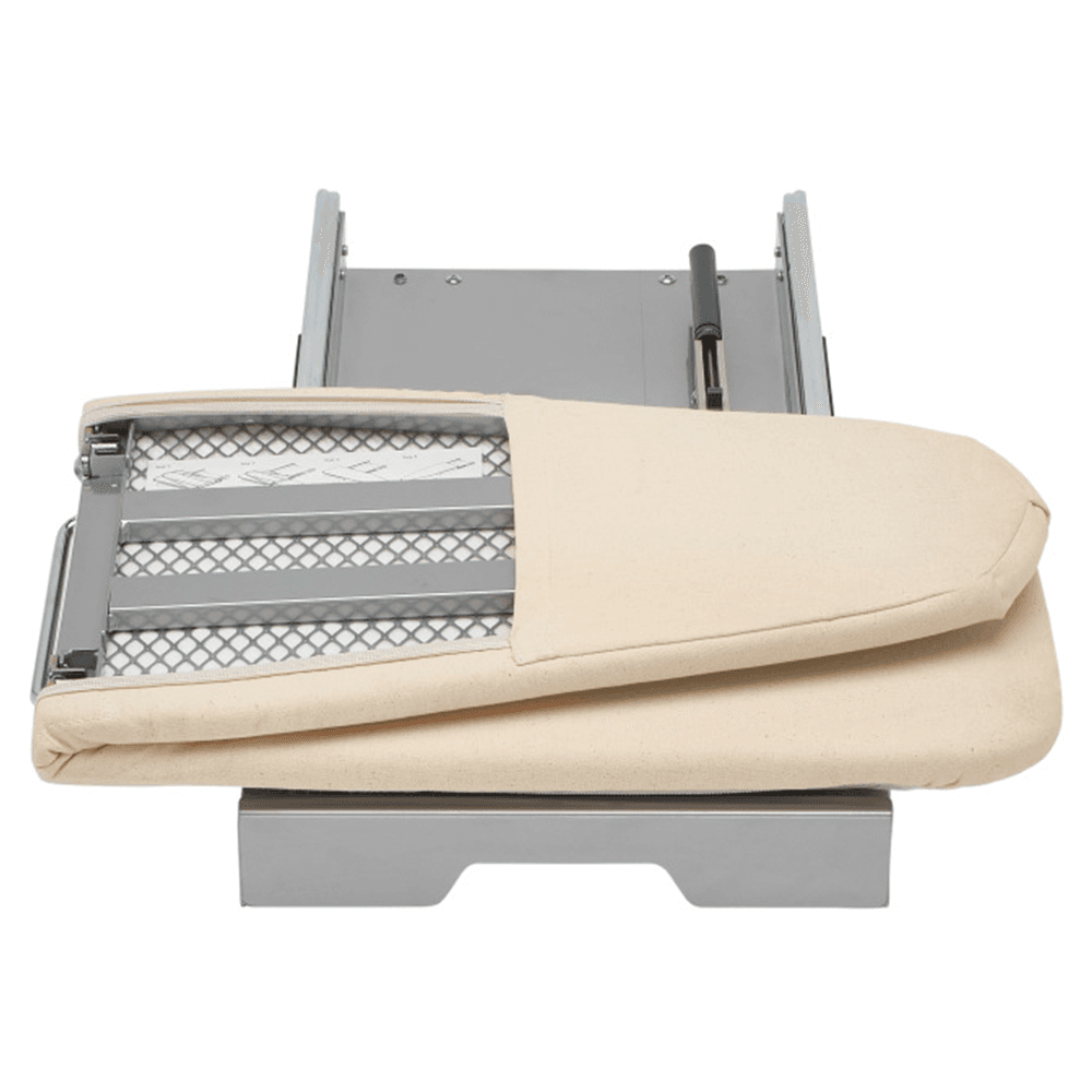 Rev-A-Shelf ironing board mounted on shelf with glossy finish