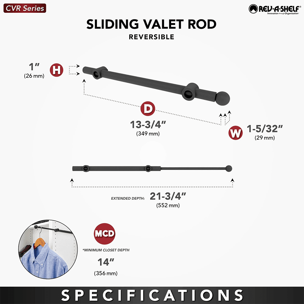 13-7/8" - 21-7/8" Sliding Valet Rod, Matte Black Alt 2 - Image